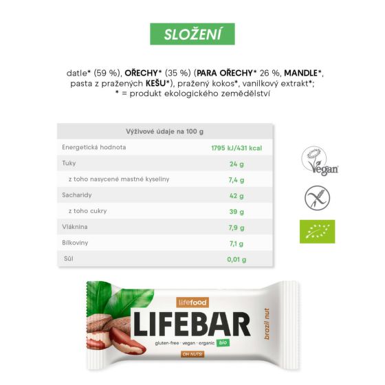 Tyčinka Lifebar s para orechy RAW 40 g BIO   LIFEFOOD