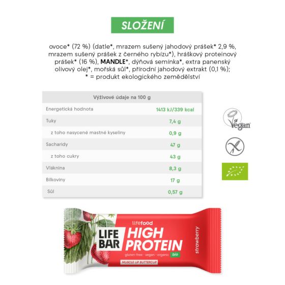 Tyčinka Lifebar proteínová s jahodami 40 g BIO   LIFEFOOD