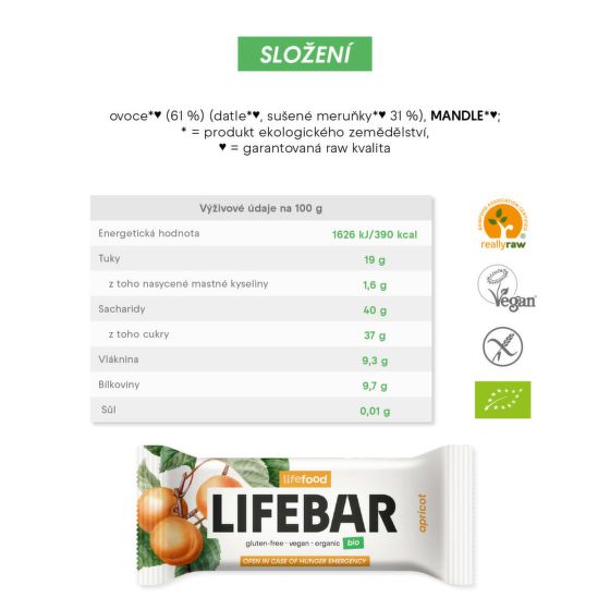 Tyčinka Lifebar marhuľová RAW 40 g BIO   LIFEFOOD