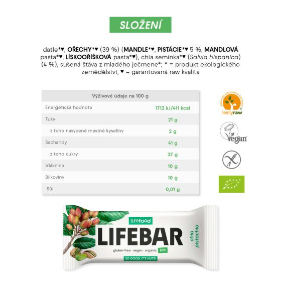 Tyčinka Lifebar pistáciová s chia RAW 40 g BIO   LIFEFOOD