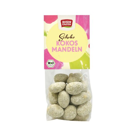 Mandle v mliečnej a bielej čokoláde s kokosom 100 g BIO   ROSENGARTEN